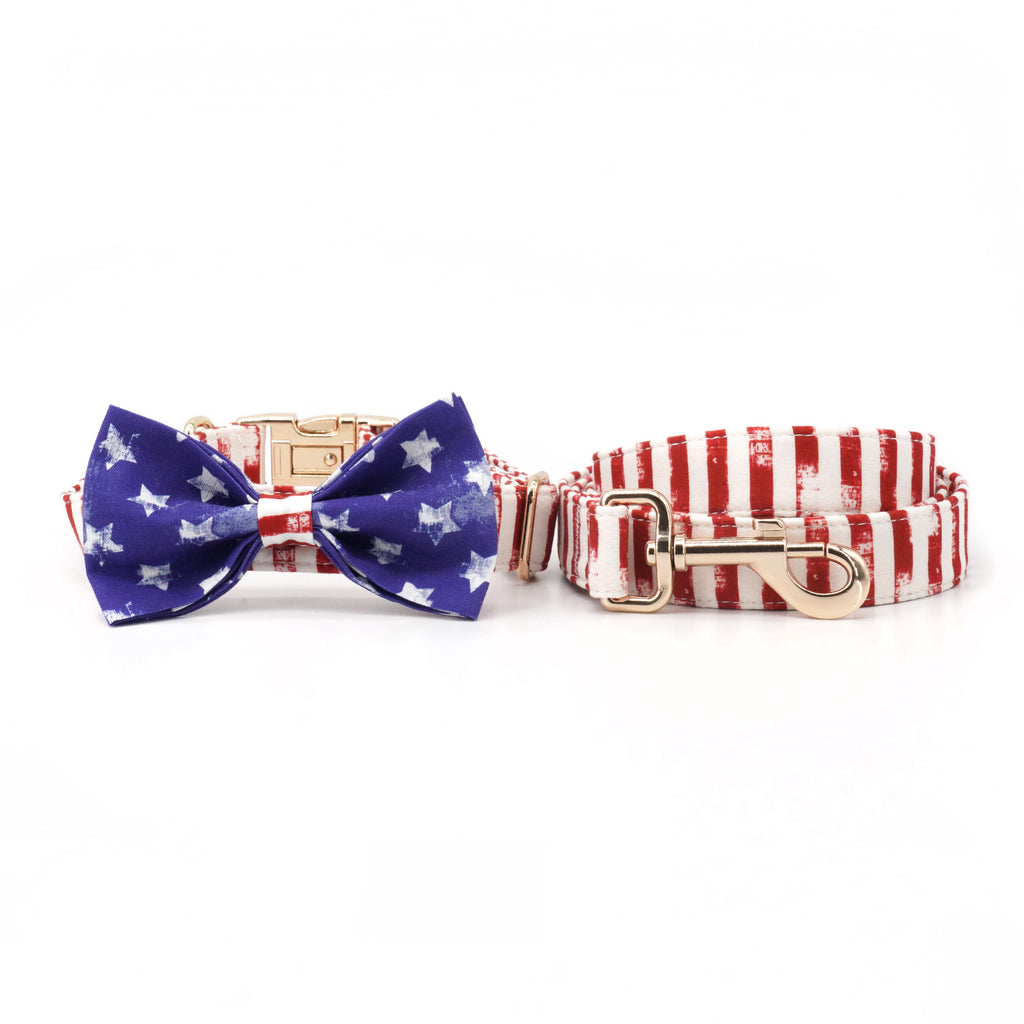 American Flag Day or 4th of July Dog Bow tie Collar Leash Set,Engraved