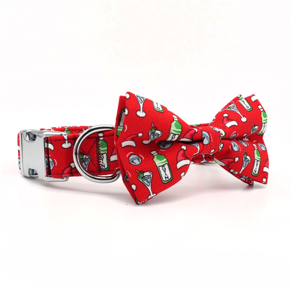 Christmas Dog Collar with bow tie flower-Merry. Red Background green Christmas perfect for boy girl Washable Durable 