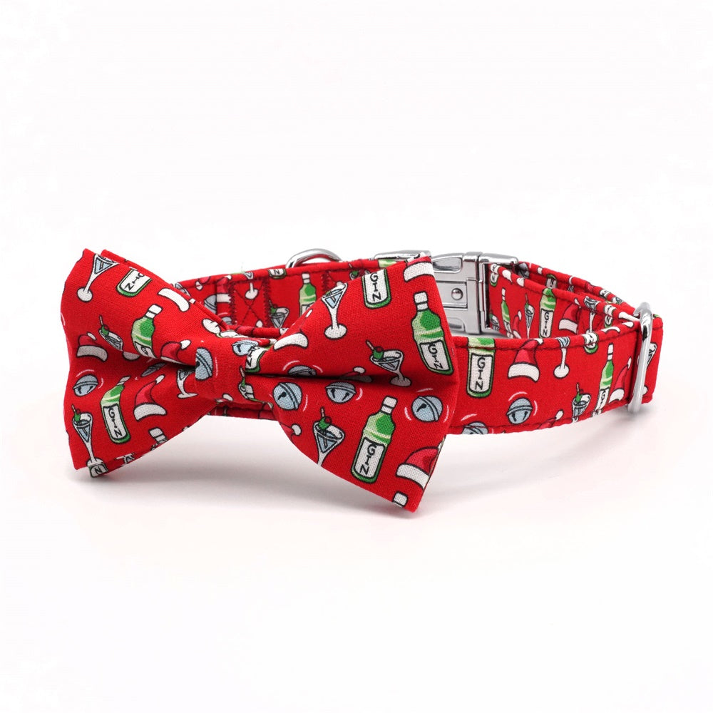 Christmas Dog Collar with bow tie flower-Merry. Red Background green Christmas perfect for boy girl Washable Durable 