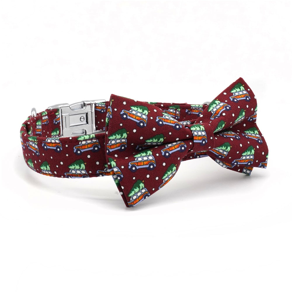 Red Merry Christmas Tree Dog Collar with bow tie, Pet Accessories Gift,Engrave Option