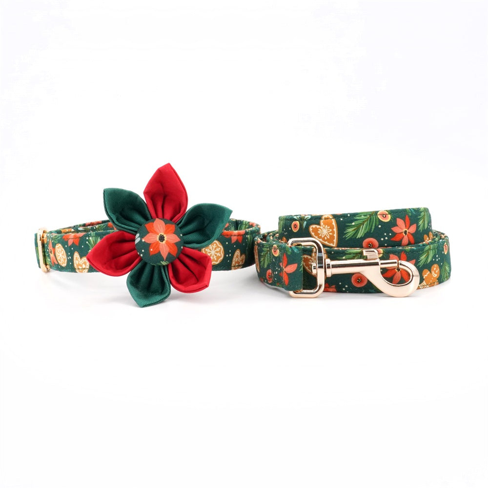Christmas Dog Flower Collar Leash Set, Funny Adjustable Pet Accessories Gift,Engrave Option
