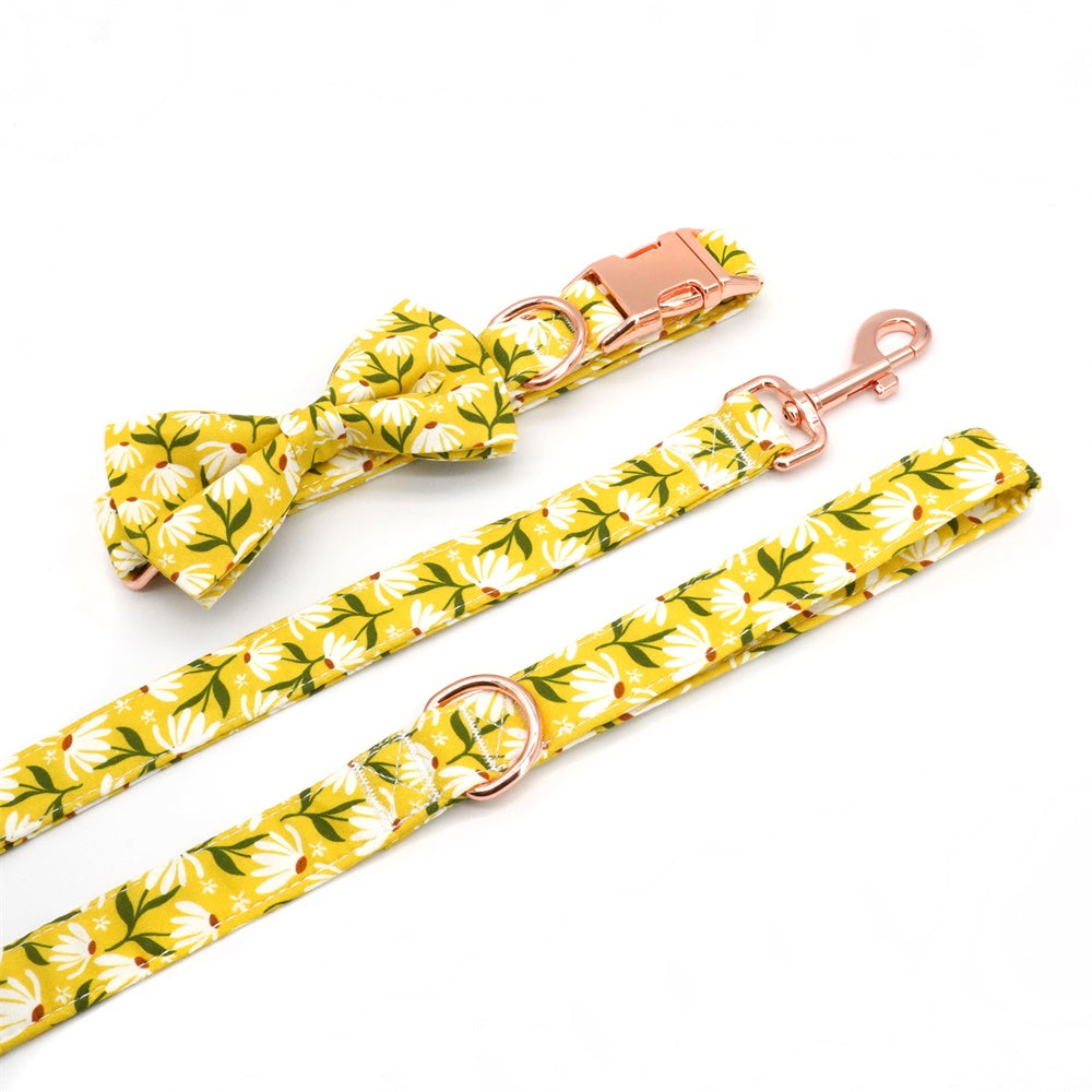 Engraved Dog Bowtie Collar Leash, Chamomile Floral Daisy Wildflower Pet Gift