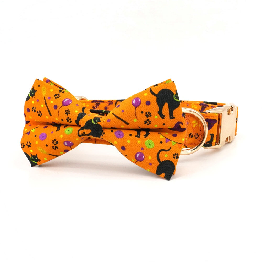Halloween Pet Collar Personalized, Spook Orange Pumpkin Cat Collar, Small Dog Bowtie Collar, Fall Pet Wear, Autumn Design