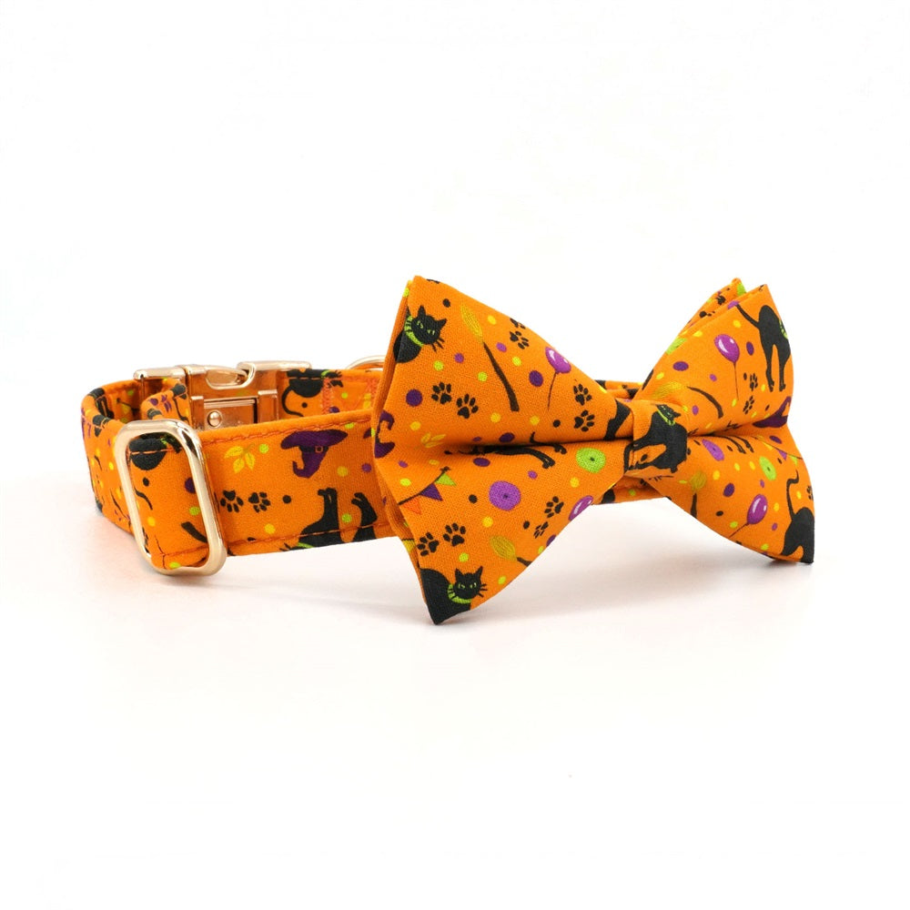 Halloween Pet Collar Personalized, Spook Orange Pumpkin Cat Collar, Small Dog Bowtie Collar, Fall Pet Wear, Autumn Design