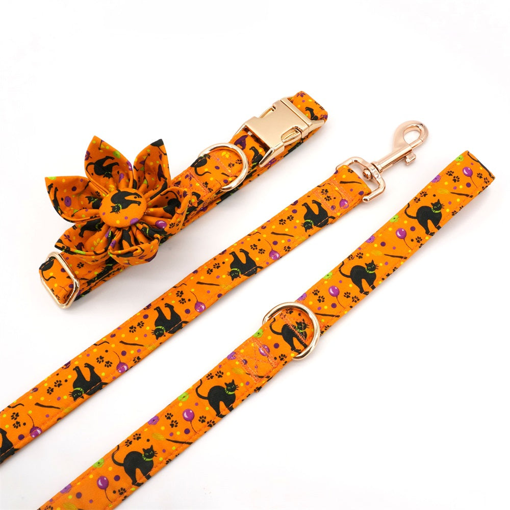 Halloween Pet Collar Personalized, Spook Orange Dog Flower Collar Leash Dog Collar Flower
