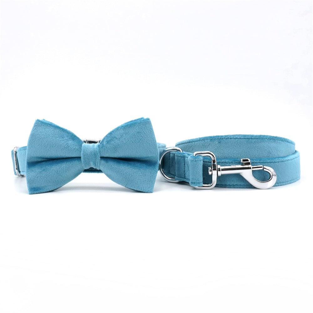 Velvet blue dog bowtie collar leash for pet daily use,wedding,party, holidays gift,free engraved on metal buckle