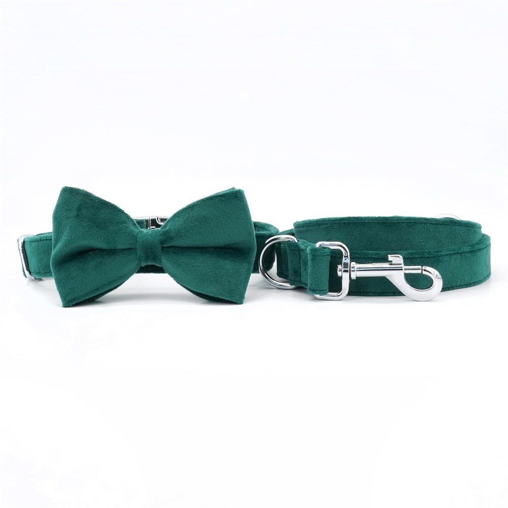 Classical Velvet Green Pet Dog Bowtie Collar Leash Set ,Engraved Option