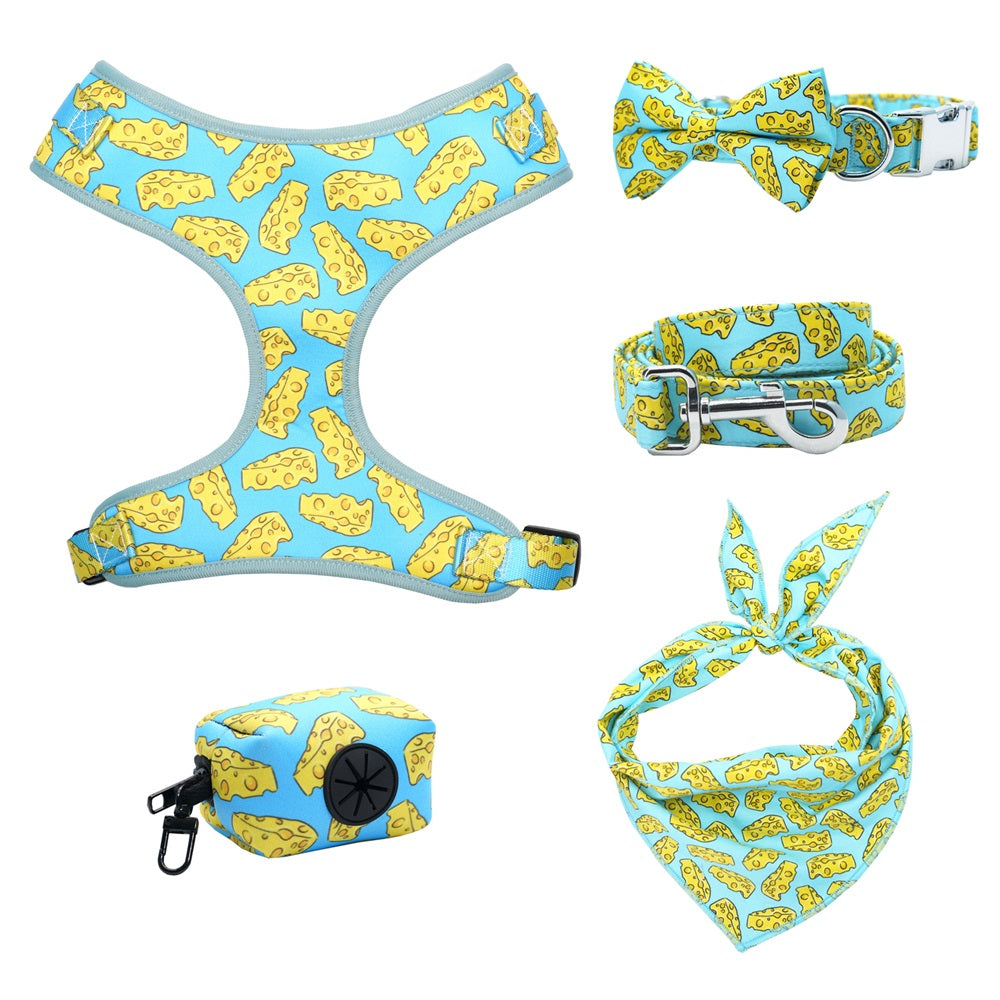 Cheese Dog Bowtie Collar,Harness,Leash with Poop Bag
