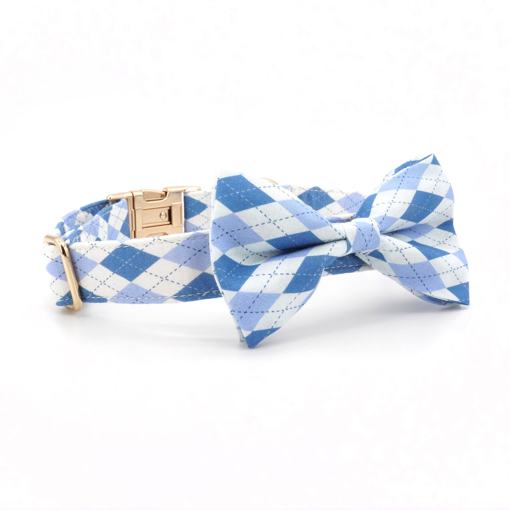 Blue Checked Dog Bow Collar , Engraved Option