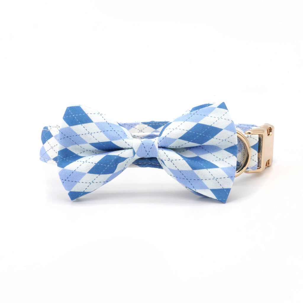 Blue Checked Dog Bow Collar , Engraved Option