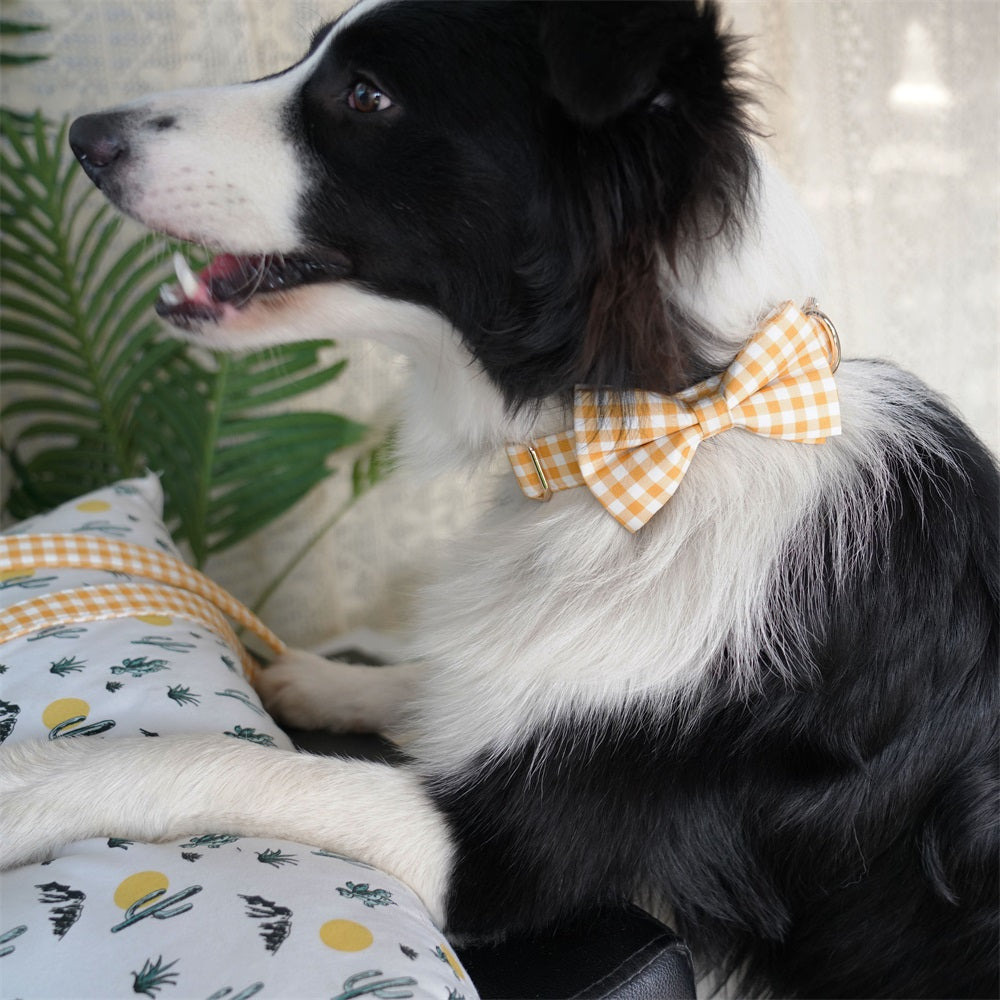 Yellow Gingham Checked Dog Bowtie Collar Leash,Engraved Option
